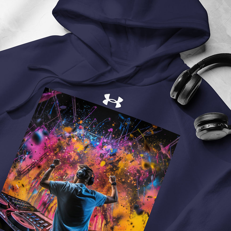 Energised Rhythm: navy blue Under Armour hoodie with DJ in blue amid colourful paint, beside headphones
