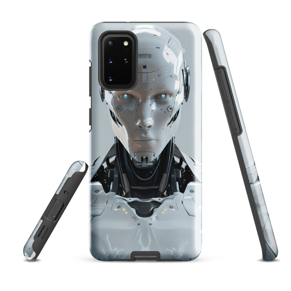 forward-facing humanoid machine on Samsung dual-layer tough case, product mockup with camera cutout visible