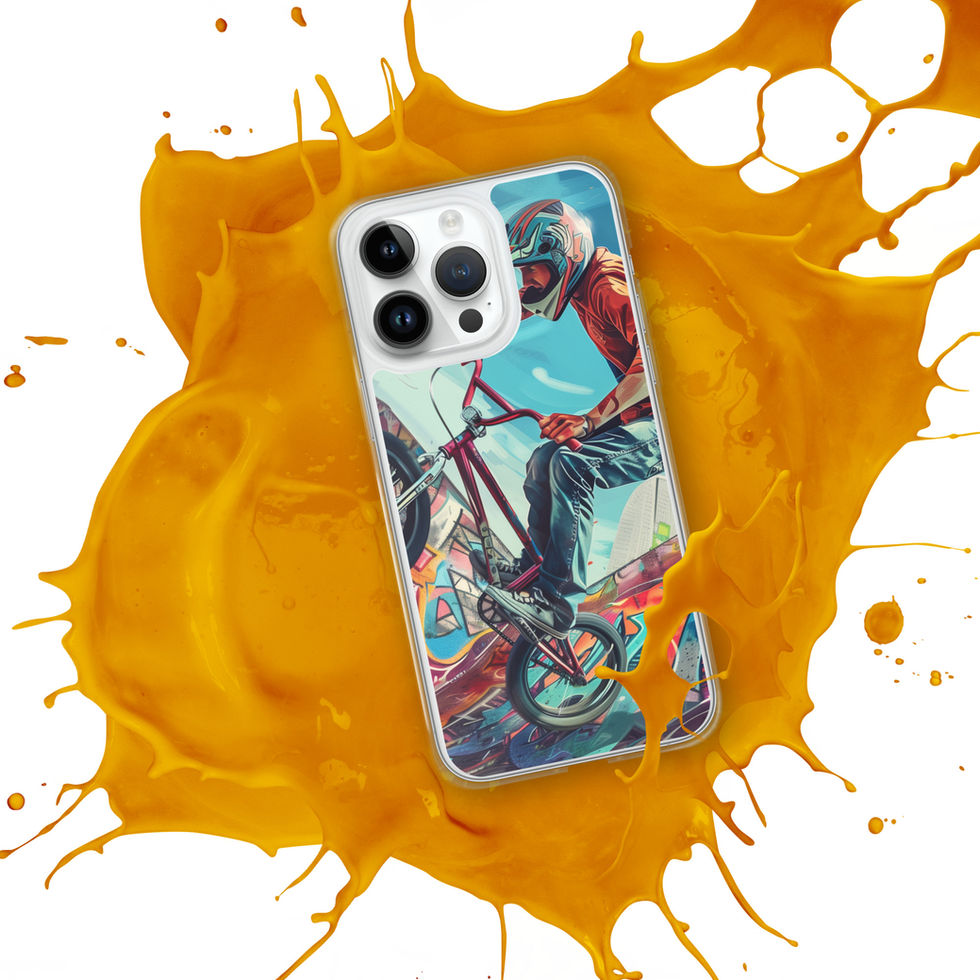 Urban Freestyle Clear case for iPhone 14 Pro Max, BMX rider and colourful graffiti, orange paint splash background