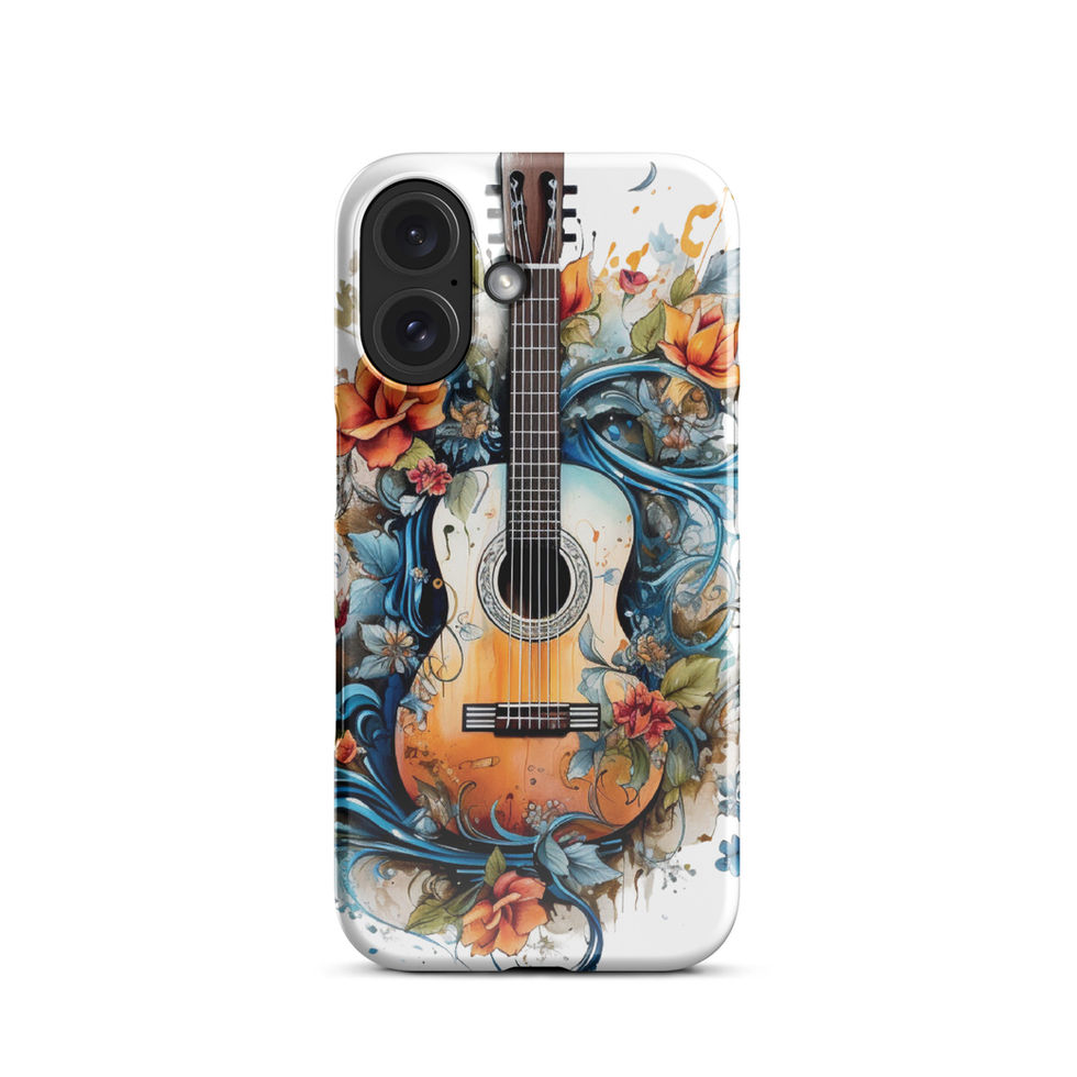 Nature’s Song slim iPhone Snap Case front view on a dark desk, showing the floral music artwork, image 1.