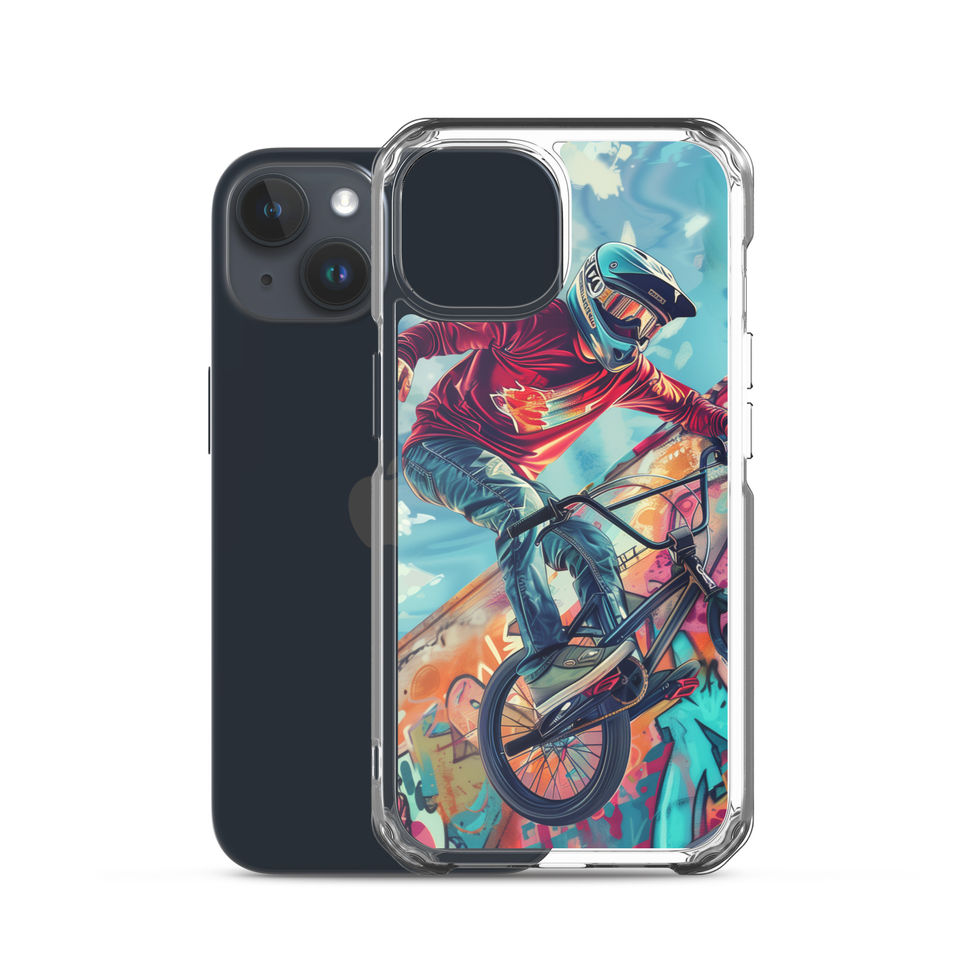 Graffiti Ride Clear case for iPhone 15, red-top BMX rider and vivid graffiti, rear view on white