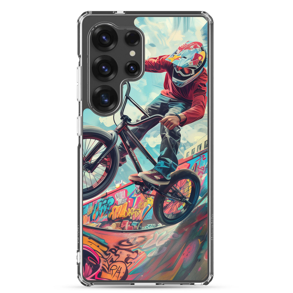 Urban Thrill Clear case for Galaxy S25 Ultra, BMX rider above graffiti ramp, rear view on white background