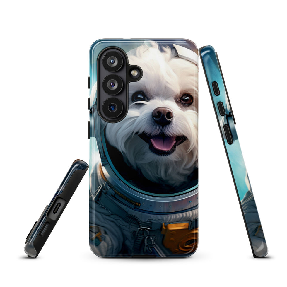 Cosmo Pup galaxy dog Samsung tough case โ bottom-edge detail in bright lifestyle scene