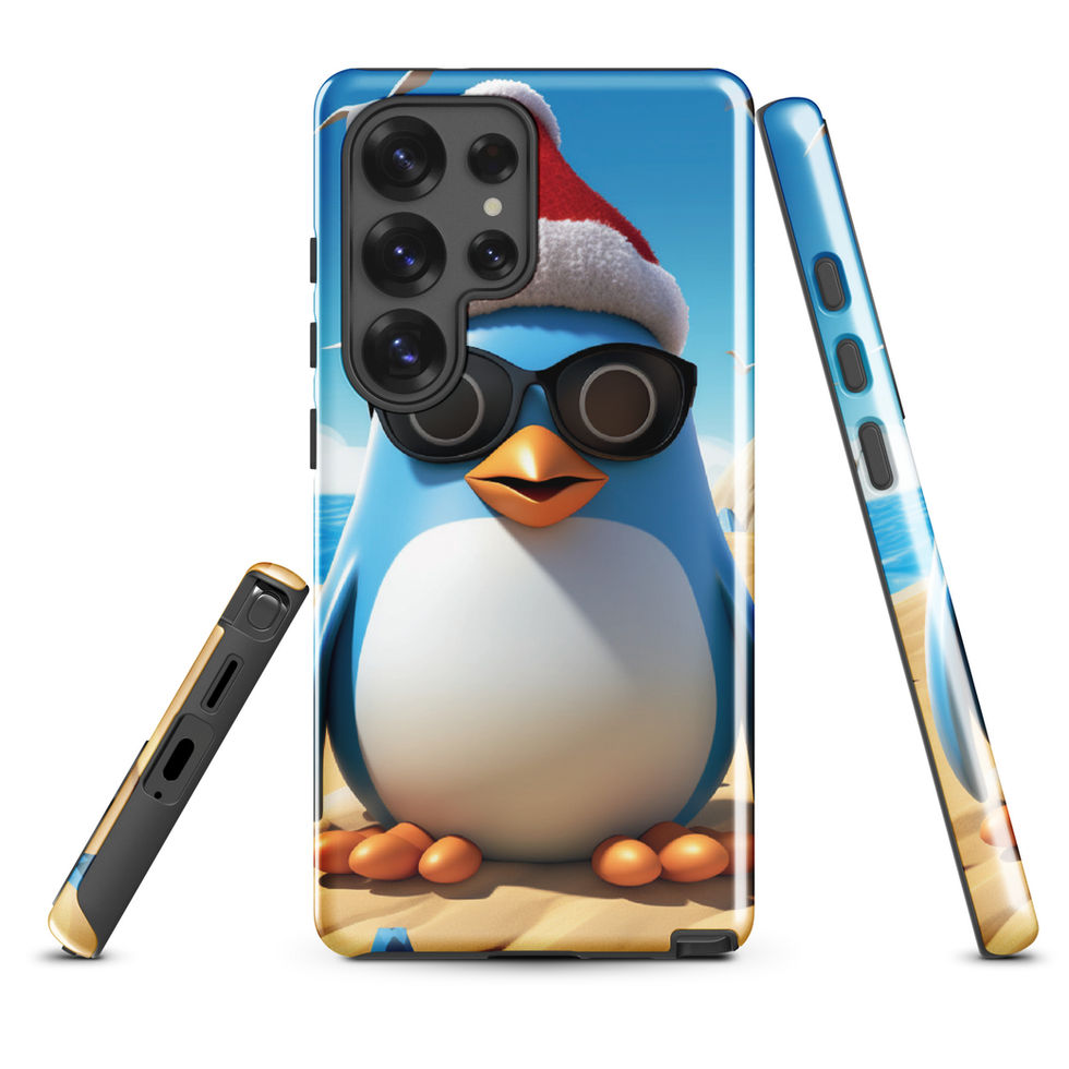 Beach penguin-mockup-20 showing Sandy Chill artwork on a Samsung tough phone case