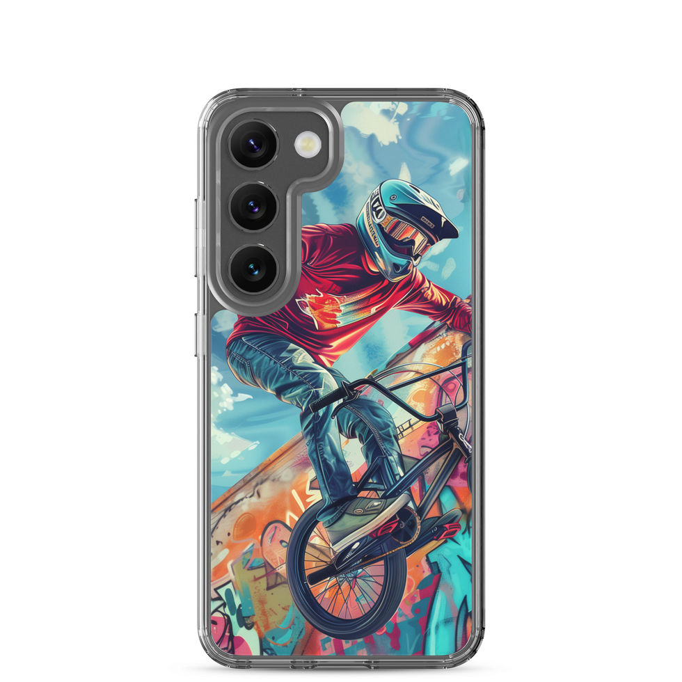 Graffiti Ride Clear case for Galaxy S23, red-top BMX rider and vivid graffiti, rear view on white