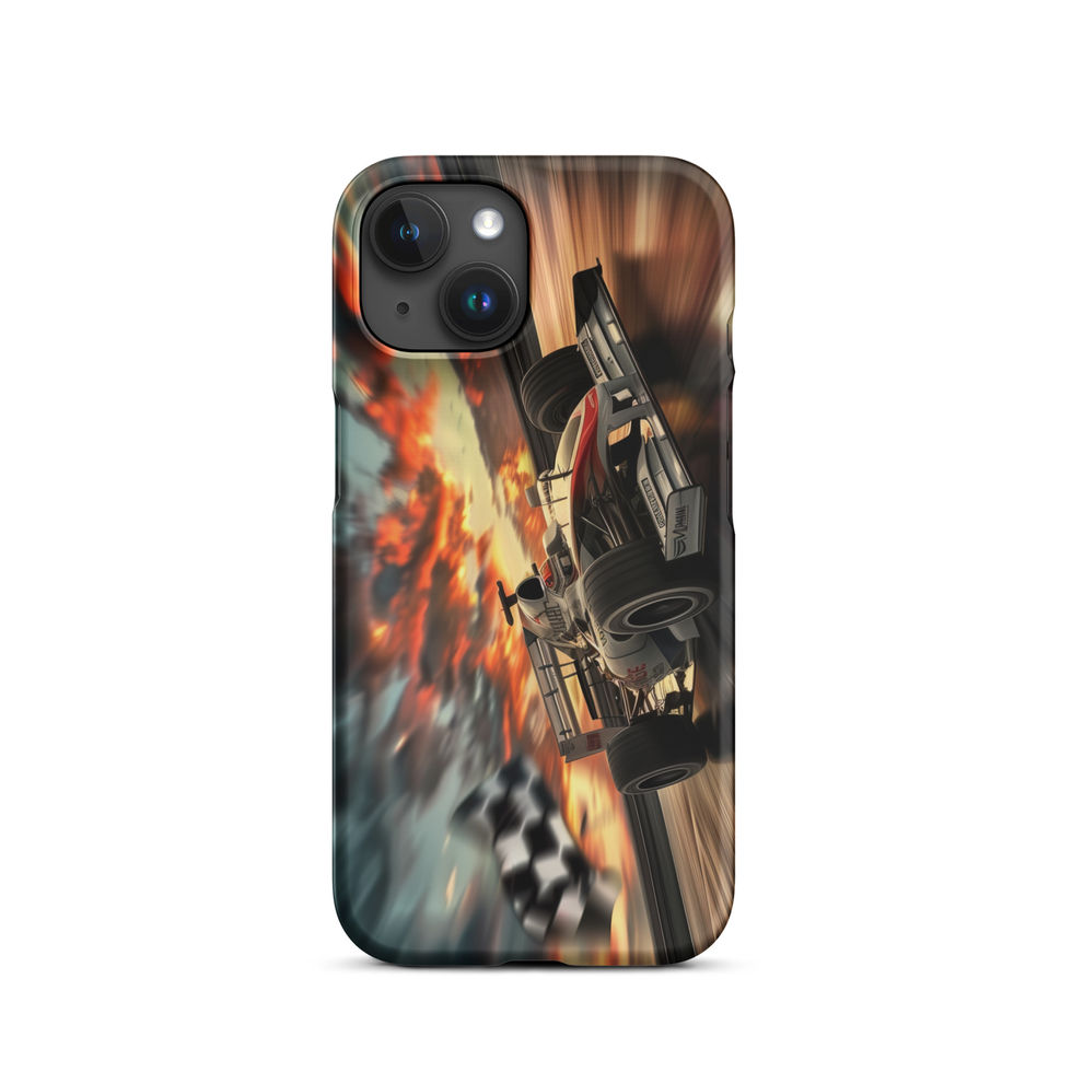 Final Lap Fury Snap case for iPhone 15, black race car and fiery flag, rear view on white
