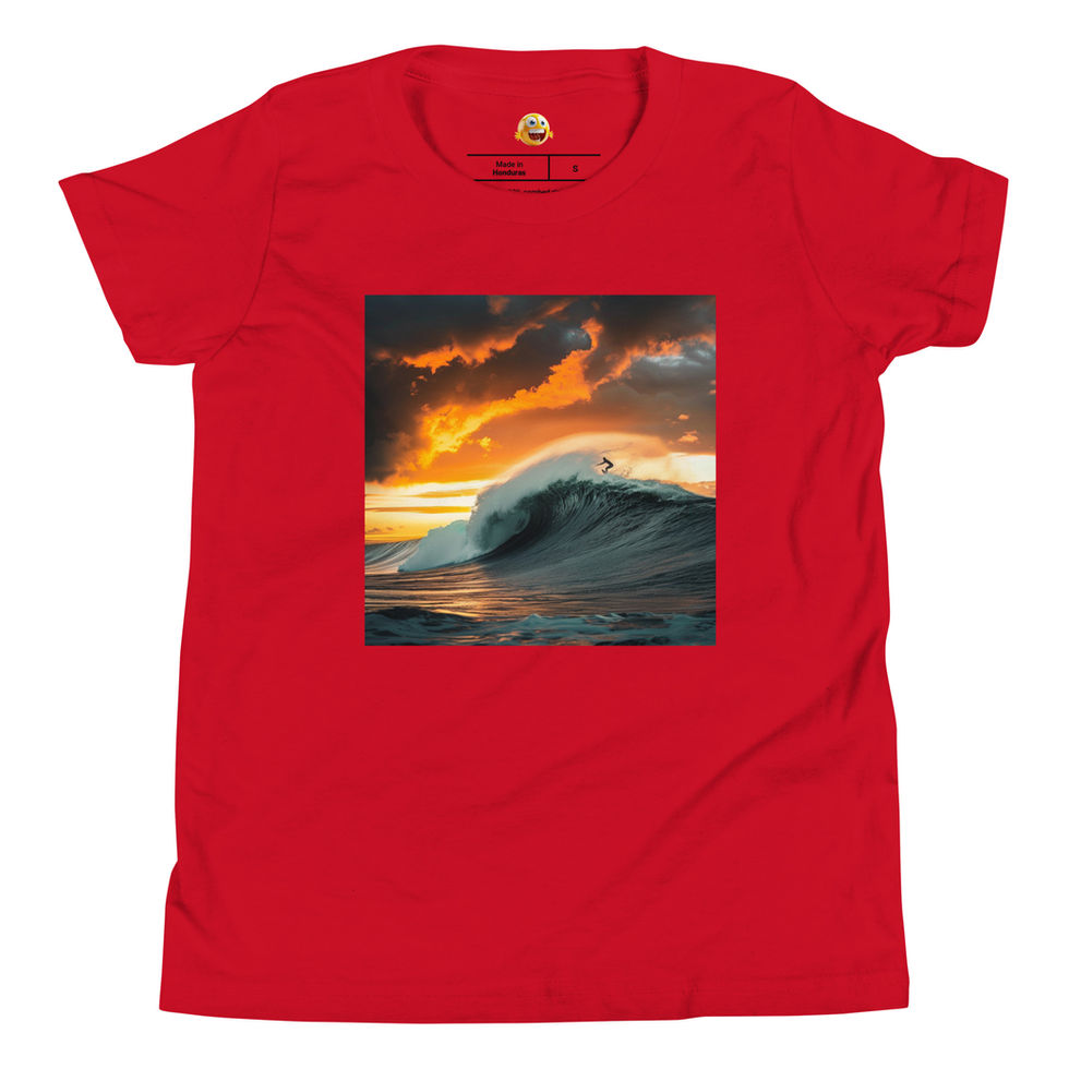Crimson Swell: red youth T-shirt with blue ocean wave beneath orange sunset and crimson clouds