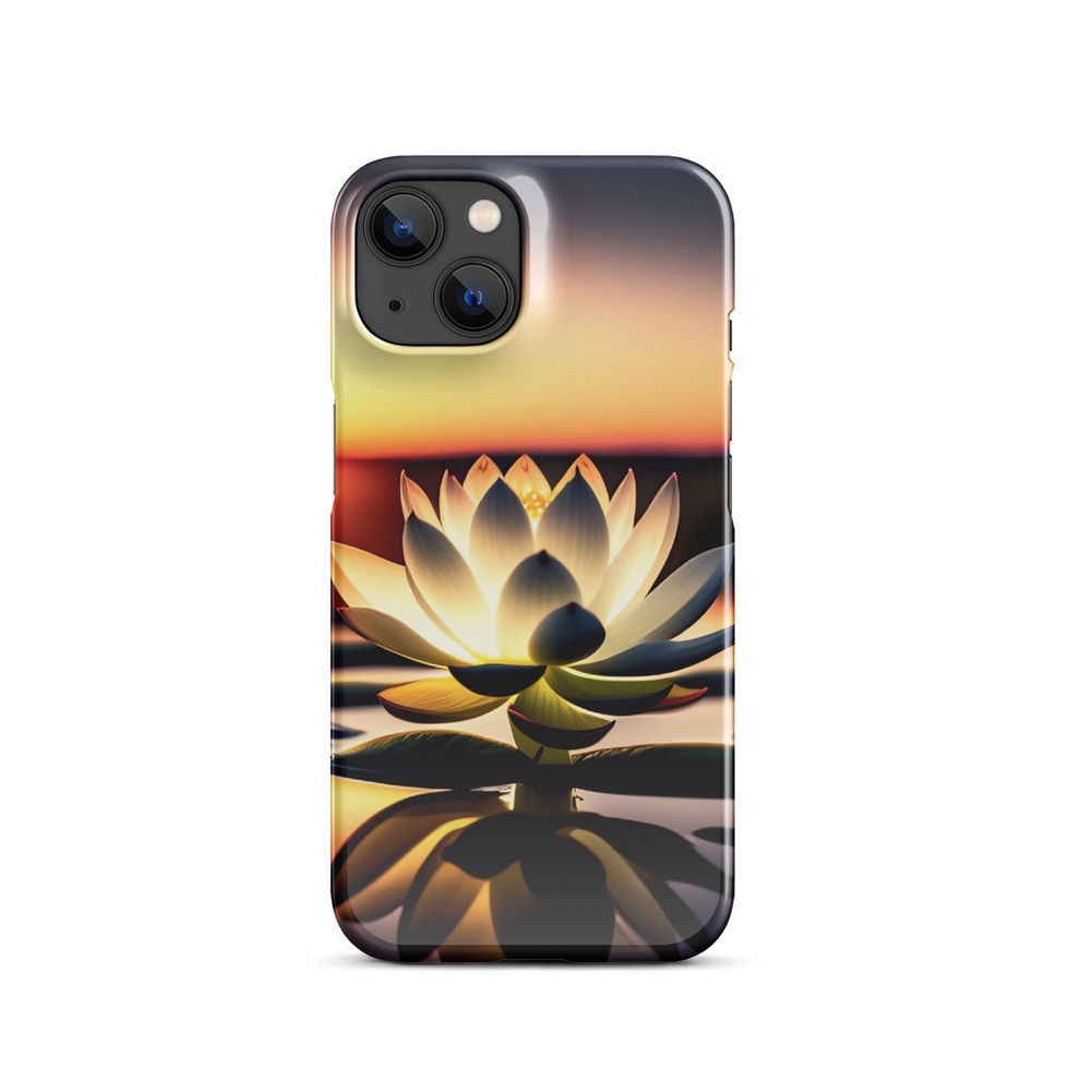 Sunlit Lotus iPhone snap case, back view; sunset colours behind a symmetrical bloom.