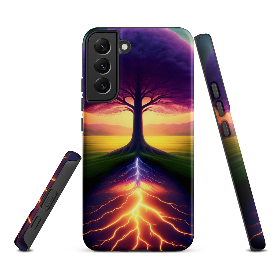 Ethereal Roots tough Samsung case with electric orange lines beneath the tree.