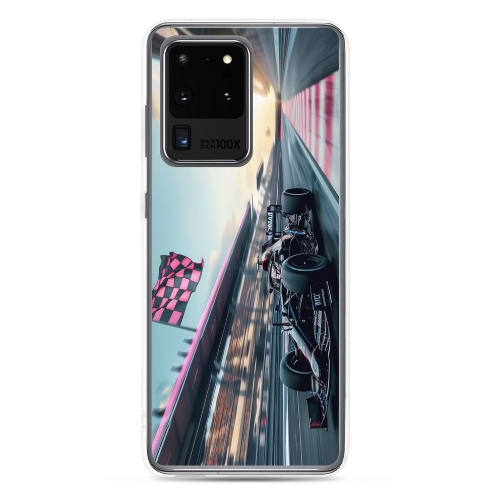 Blackout Champion Clear case for Galaxy S20 Ultra, dark race car and pink flags, rear view on white