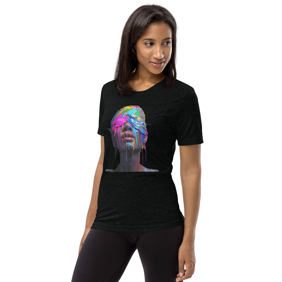 Radiant Expression: black short-sleeve T-shirt with neon pink, blue and green face, woman turned slightly