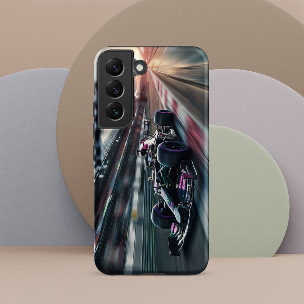 Midnight Velocity Tough case for Galaxy S22, race car and night lights, rear view on beige display