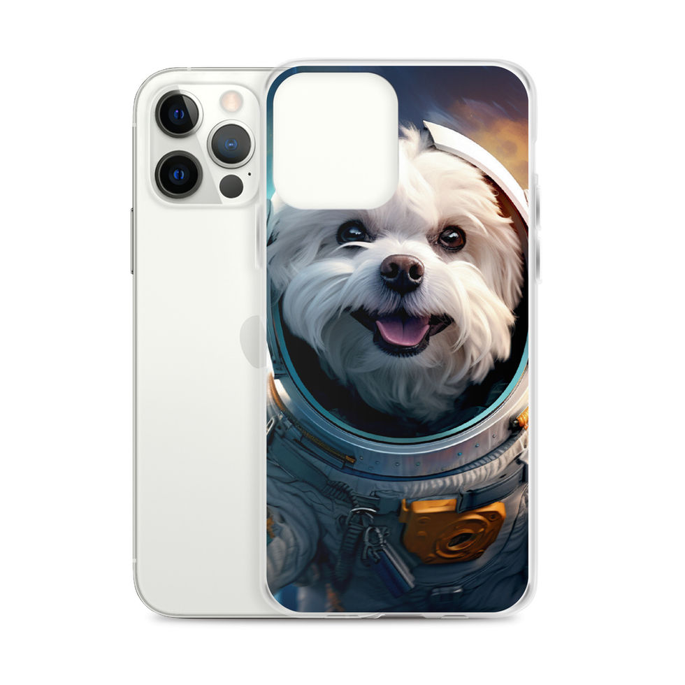 Cosmo Pup cosmic dog clear iPhone case โ front artwork view in bright lifestyle scene