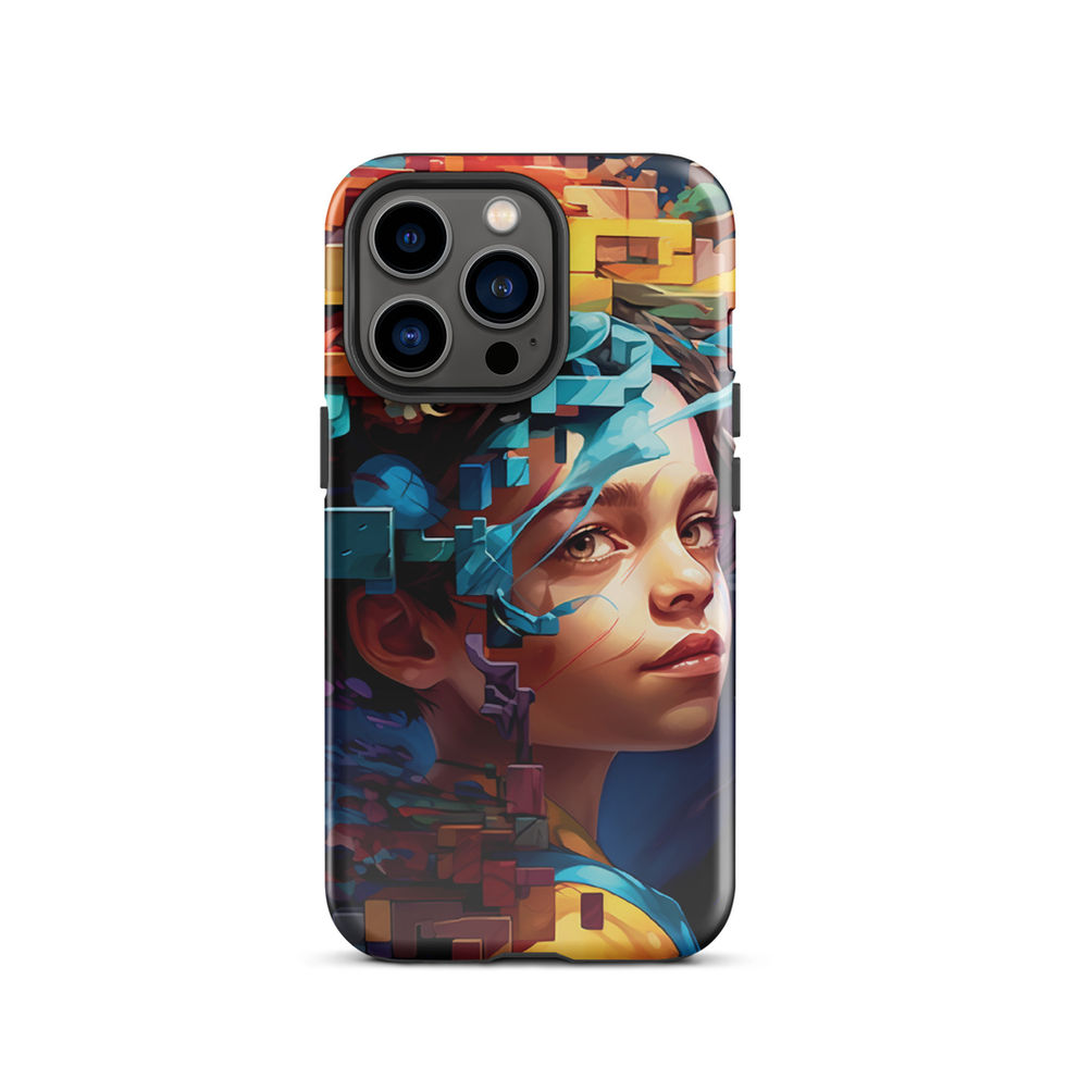 Neon Mindscape tough iPhone case with vivid geometric portrait artwork, portrait artwork detail
