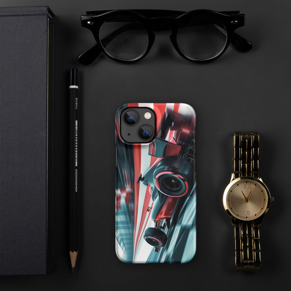 Podium Pursuit Snap case for iPhone 13 Mini, red race car and track streaks, black desk with glasses and watch