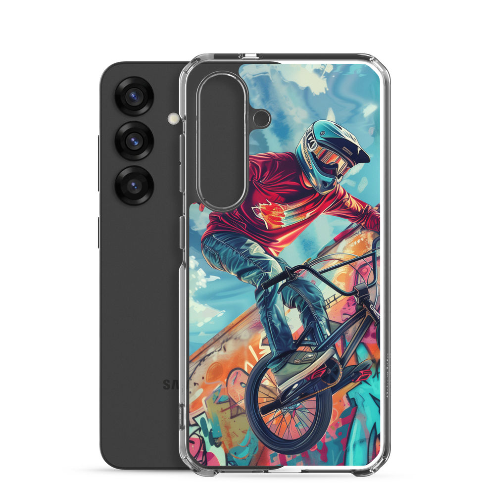 Graffiti Ride Clear case for Galaxy S25, red-top BMX rider and vivid graffiti, phone beside case on white