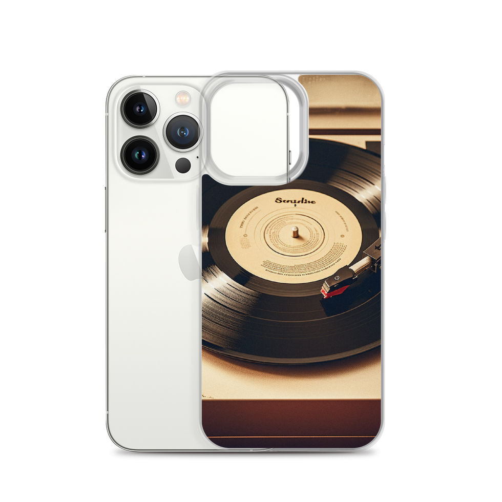 Golden Grooves clear iPhone case workspace flat lay with the gold artwork facing up, image 21.