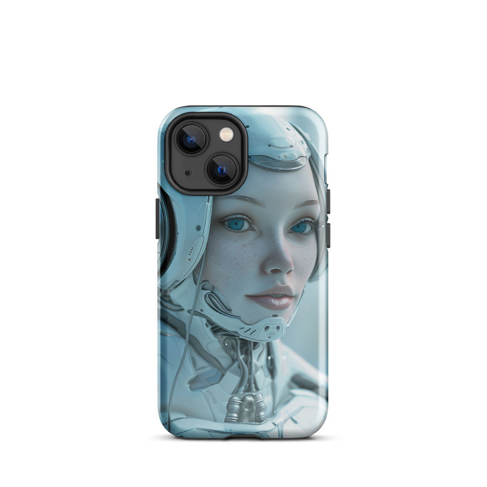 Refined android face with aqua light and sculpted panels; front product view on an iPhone® Tough Case.