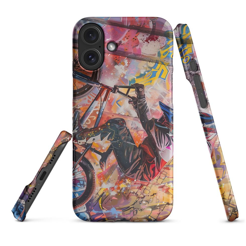 Graffiti Grind Snap case for iPhone 16 Plus, BMX rider amid pink and yellow graffiti, rear and side views on white