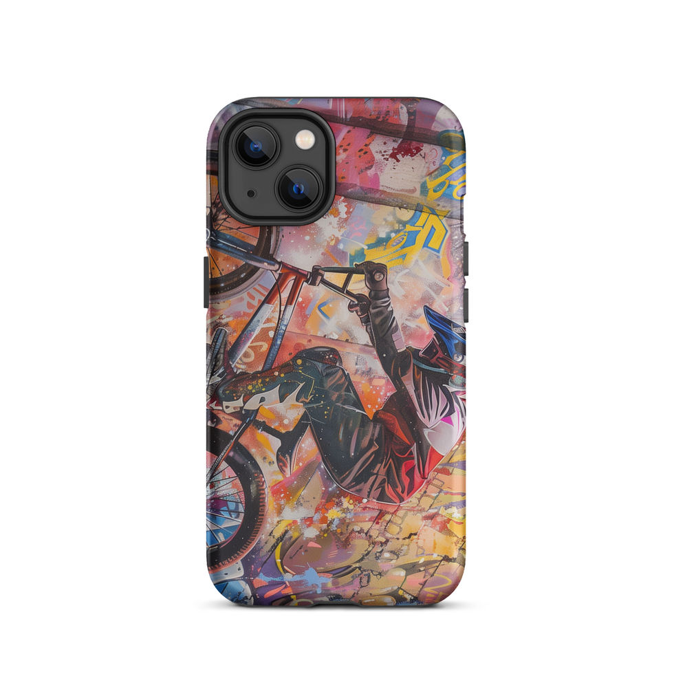 Graffiti Grind Tough case for iPhone 13, BMX rider amid pink and yellow graffiti, rear view on white