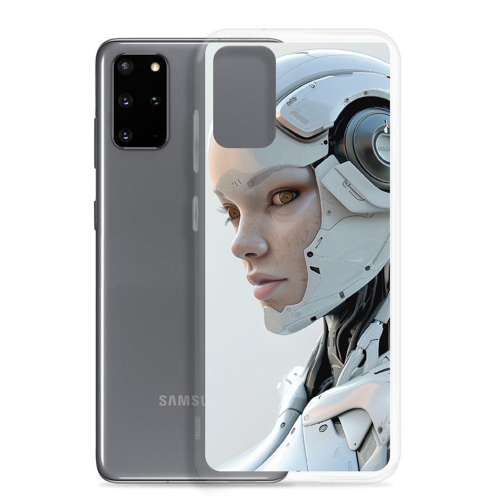 Male AI explorer profile with copper facial circuitry; front product view on a Samsung® Clear Case.