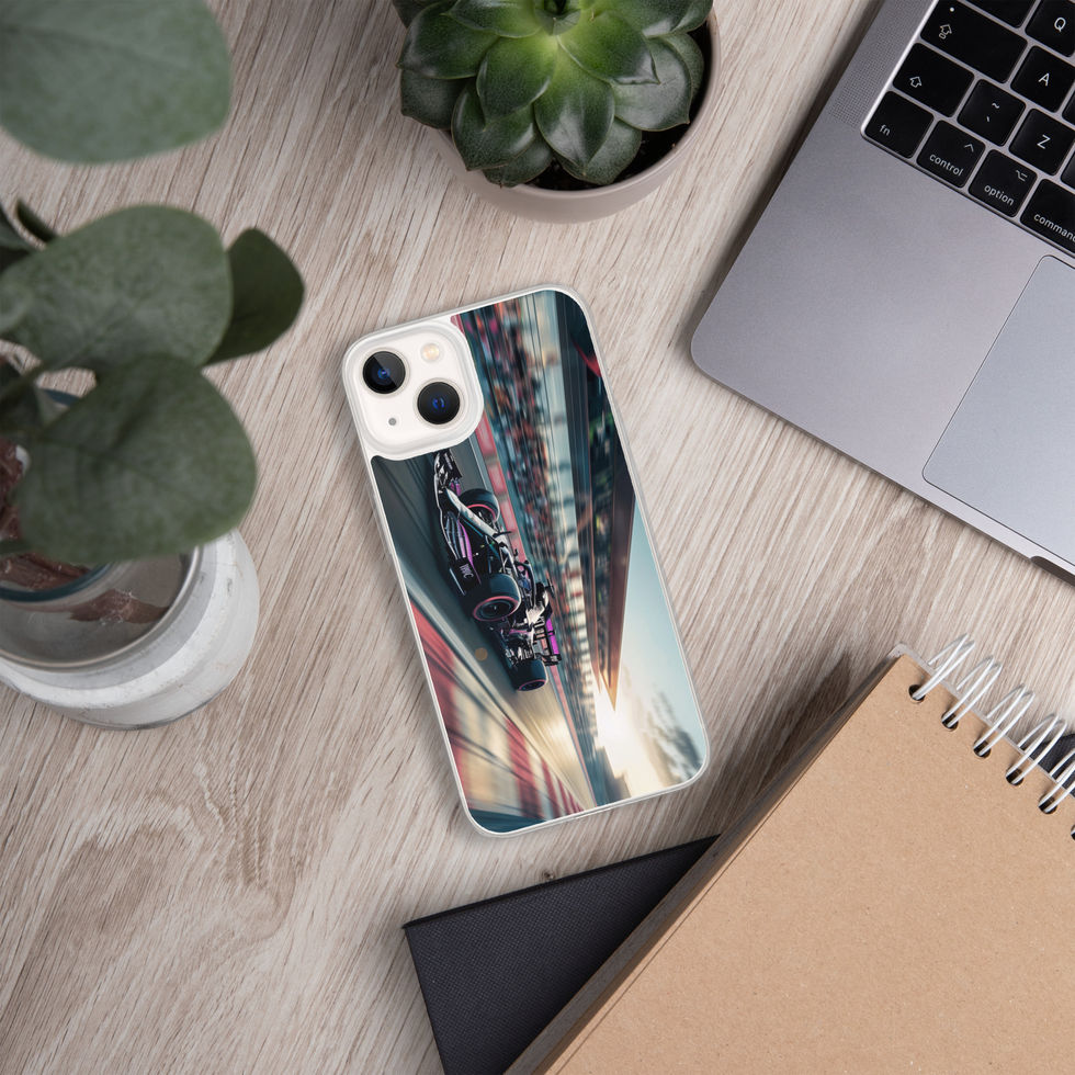 Black n Purple Power Clear case for iPhone 13, purple race car, desk with laptop and plants