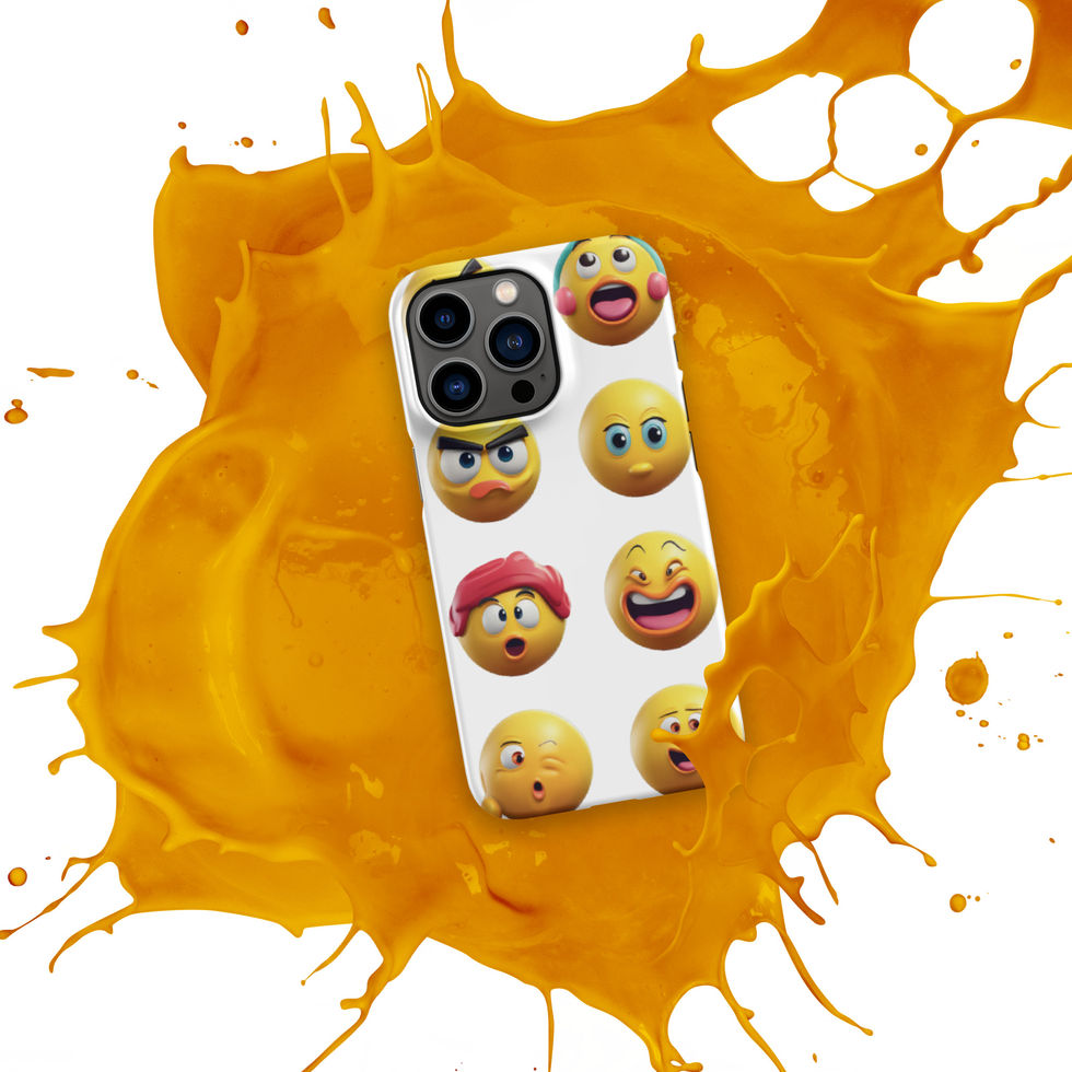 Emoji Frenzy snap iPhone case showing smiling and startled emojis across its case artwork, over an orange paint splash.