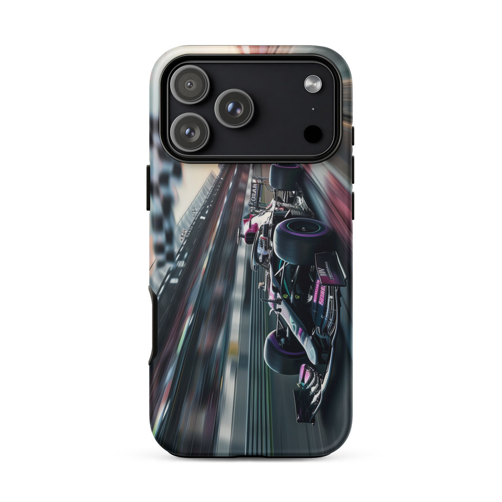 Midnight Velocity Tough case for iPhone 17 Pro Max, race car and night lights, rear view on white