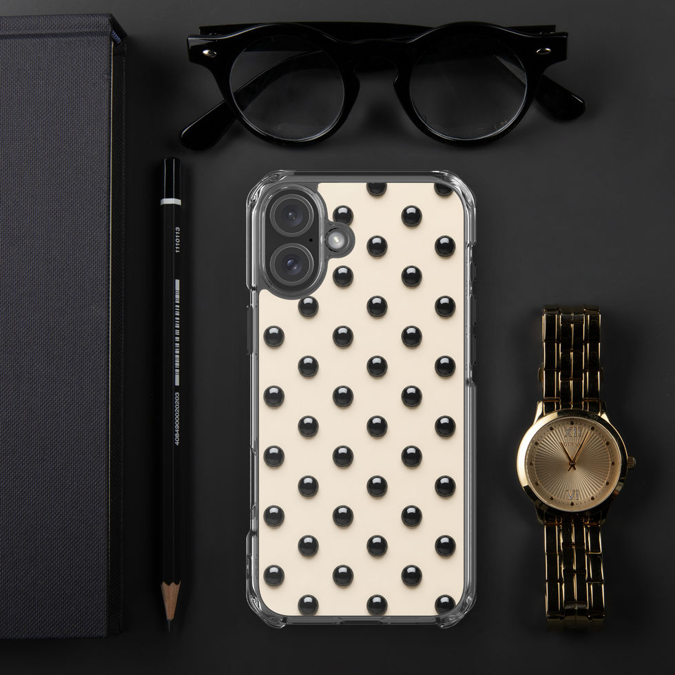 Ivory Noir Dots clear case for iPhone 16 Plus, glossy black dots on ivory cream