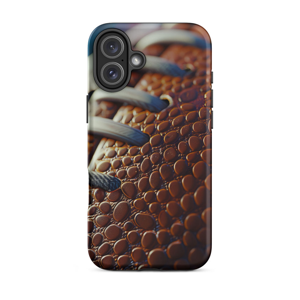 Gridiron Grip tough case for iPhone 16 Plus, rear view with brown football pebble artwork and pale laces.