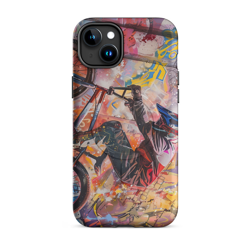 Graffiti Grind MagSafe Tough case for iPhone 15 Plus, BMX rider amid pink and yellow graffiti, rear view on white