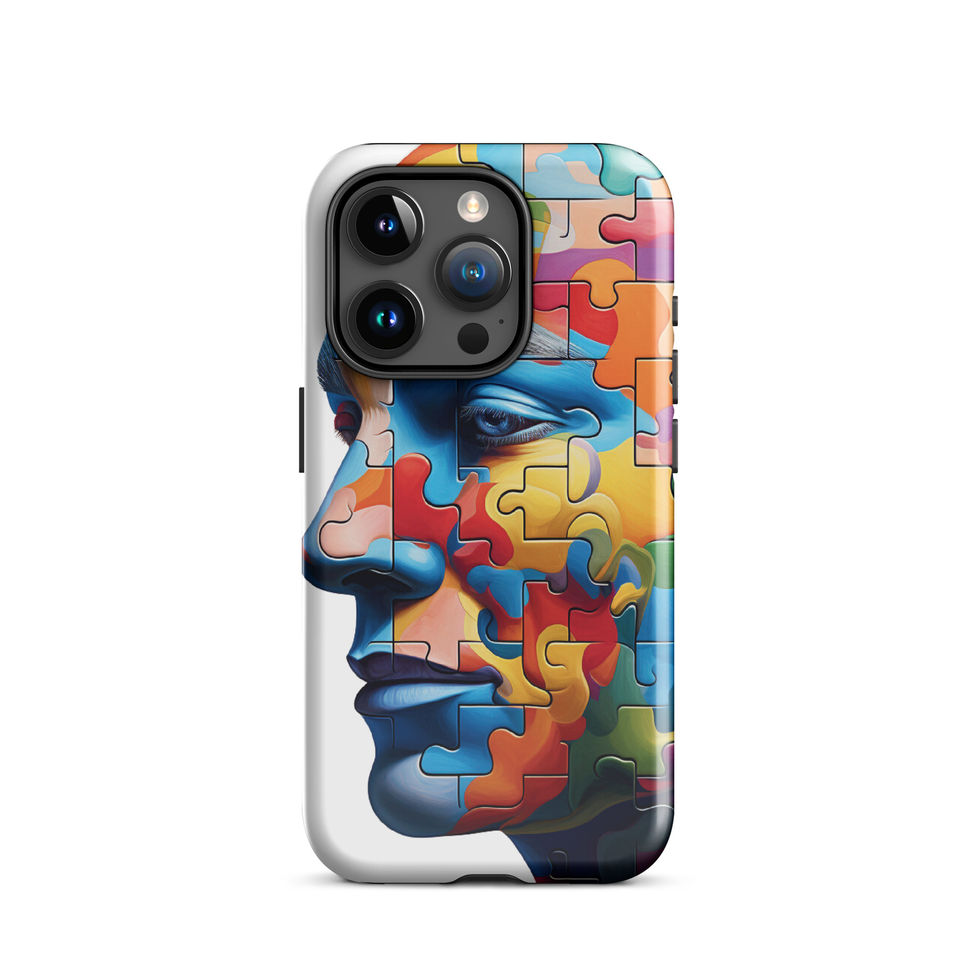 Mind in Pieces tough iPhone case with fractured portrait artwork, raised camera lip detail