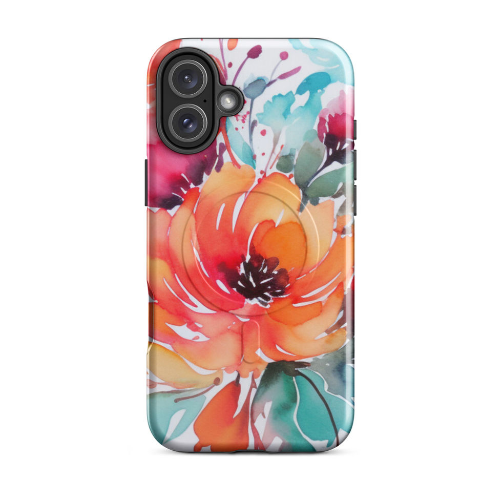 Protective floral MagSafe® case on iPhone 16 Pro with orange petals and cool teal foliage