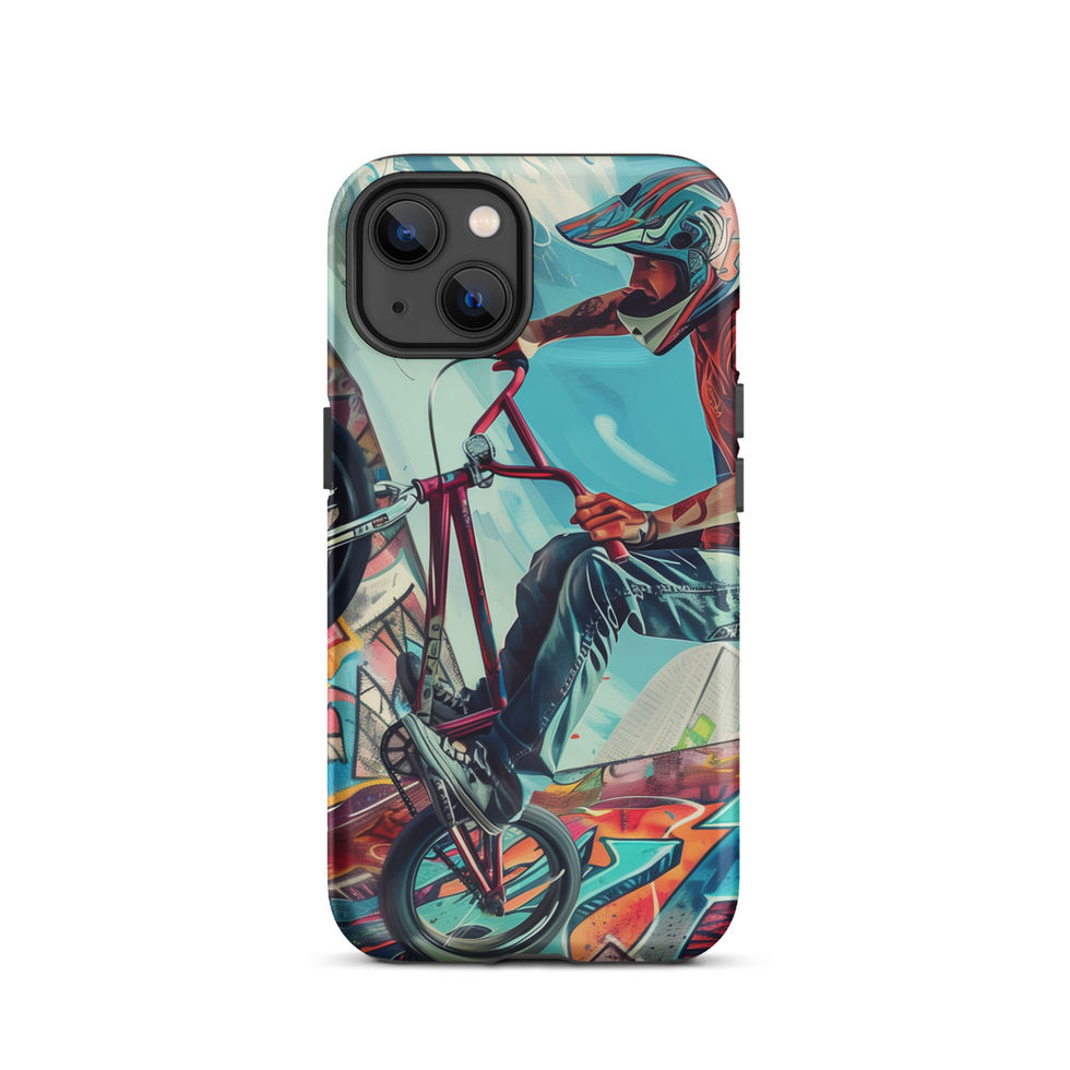 Urban Freestyle Tough case for iPhone 13, BMX rider and colourful graffiti, rear view on white background