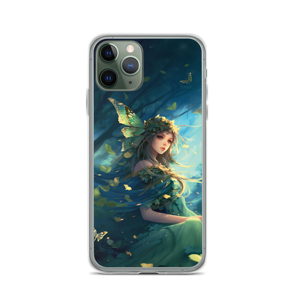 Forest Enchantress iPhone clear case with dark teal woodland backdrop