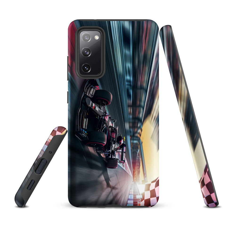 Final Lap Tough case for Galaxy S20 FE, dark race car and blurred track artwork, rear and side views on white