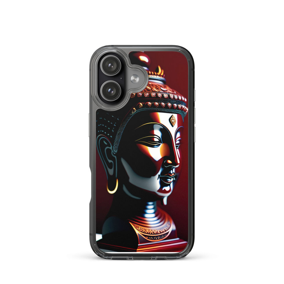 Majestic Buddha Head iPhone clear case, showing glossy sculpted face against deep crimson.