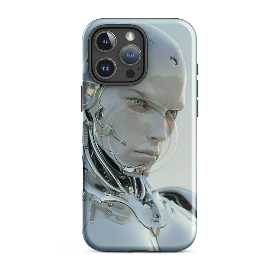 Chrome Sentinel MagSafe iPhone case — downward-looking robot expression on a full magnetic case mockup
