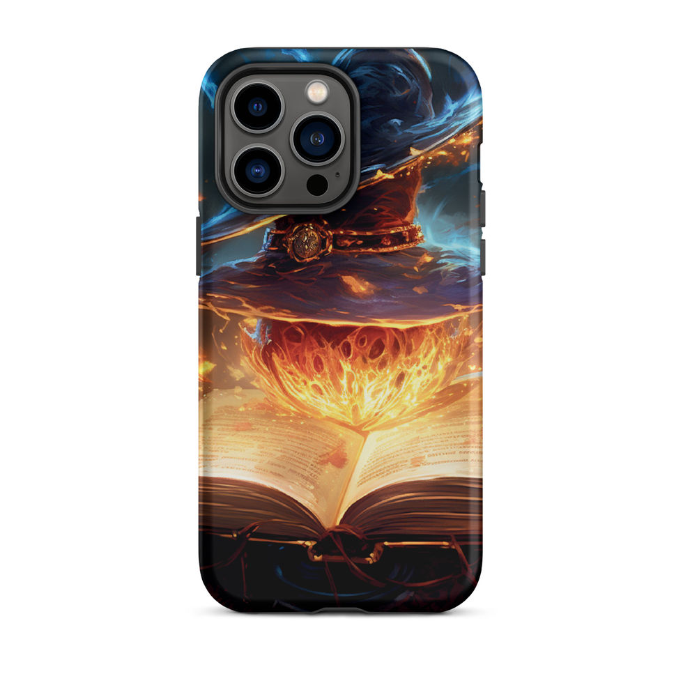 Arcane Ember iPhone tough case with the open book at the bottom of a dramatic scene, shown from the rear on white.