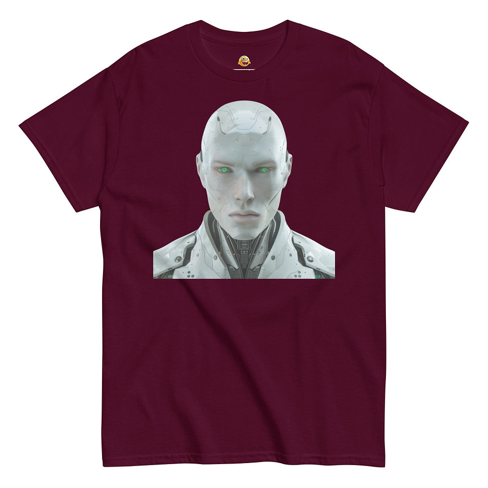 Futuristic Gaze: burgundy unisex classic T-shirt with pale humanoid robot with narrow eyes