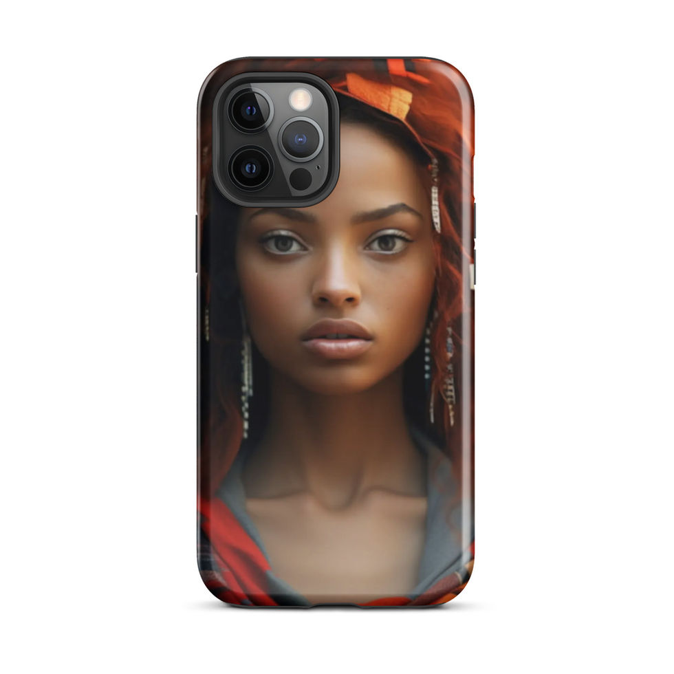 Compact iPhone 13 mini cover with poised expression and intricate beads