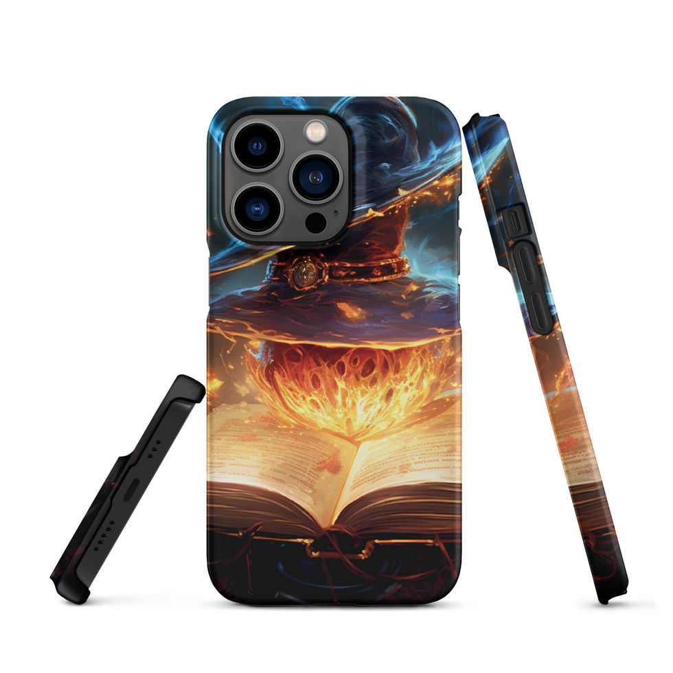 Arcane Ember snap iPhone case: a bright book spine and smoky blue sky, shown upright with its side profile.