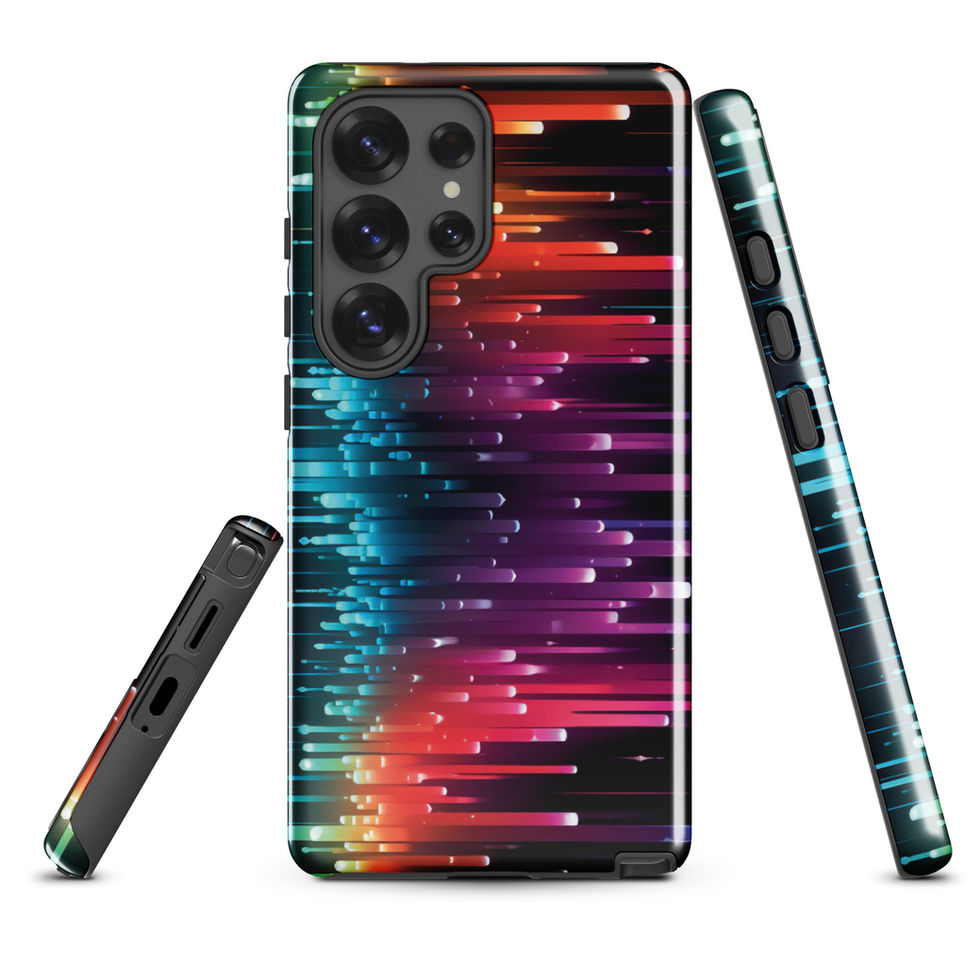 Neon Pulse protective Samsung Tough Case on a sunlit home office, featuring the glowing rainbow rhythm artwork, image 12.