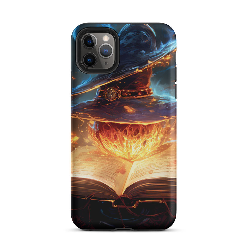 Arcane Ember iPhone tough case with a bright ember glow at the centre of an open book, shown from the rear on white.