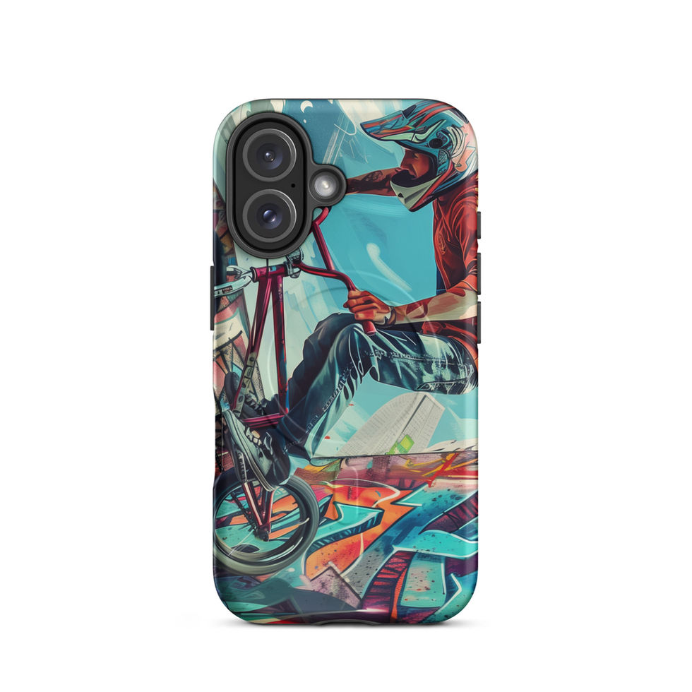 Urban Freestyle MagSafe Tough case for iPhone 16, BMX rider and colourful graffiti, rear view on white background