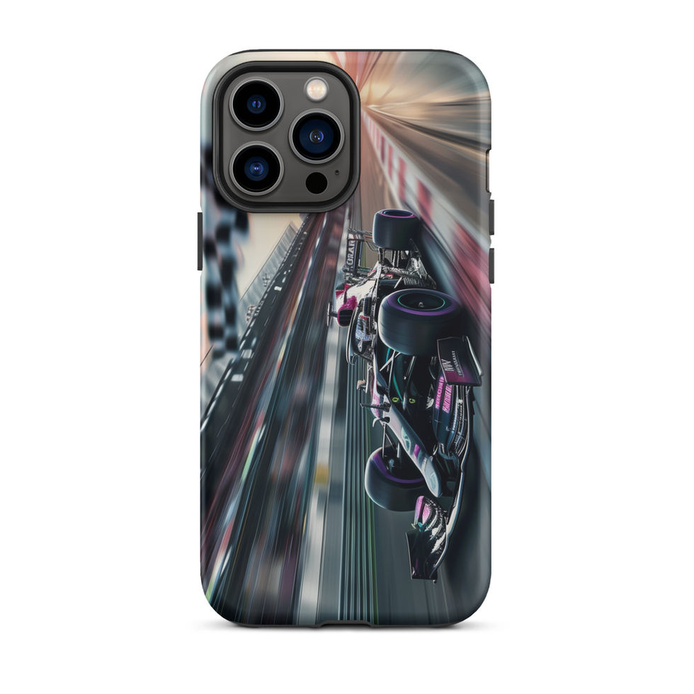 Midnight Velocity Tough case for iPhone 13 Pro Max, race car and night lights, rear view on white