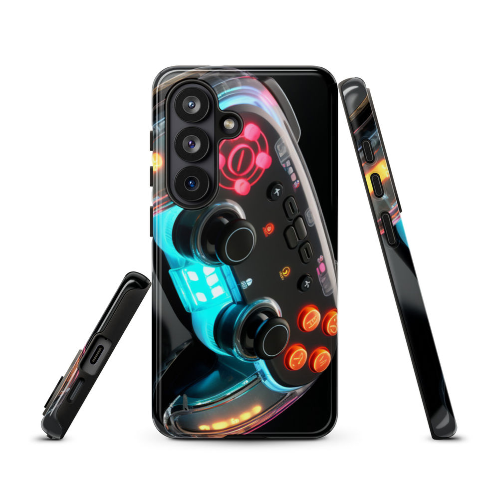 Neon Cyber Controller tough case for Samsung Galaxy S26 Plus, flat lay beside a keyboard and headphones, image 13