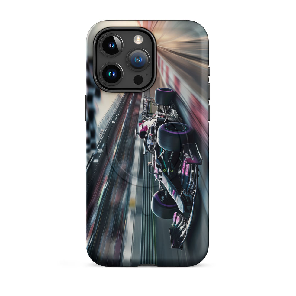 Midnight Velocity MagSafe Tough case for iPhone 15 Pro Max, race car and night lights, rear view on white
