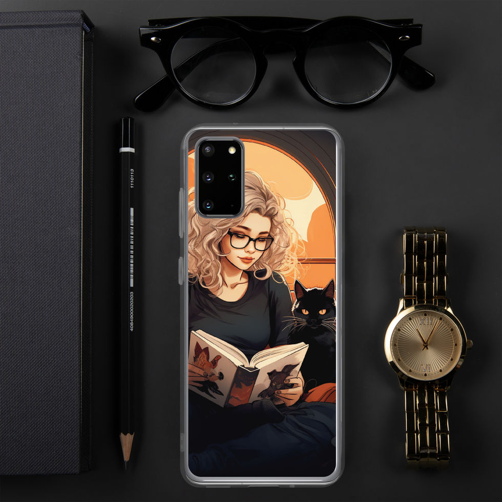 Literary Haven clear Samsung case with black cat beside the reader