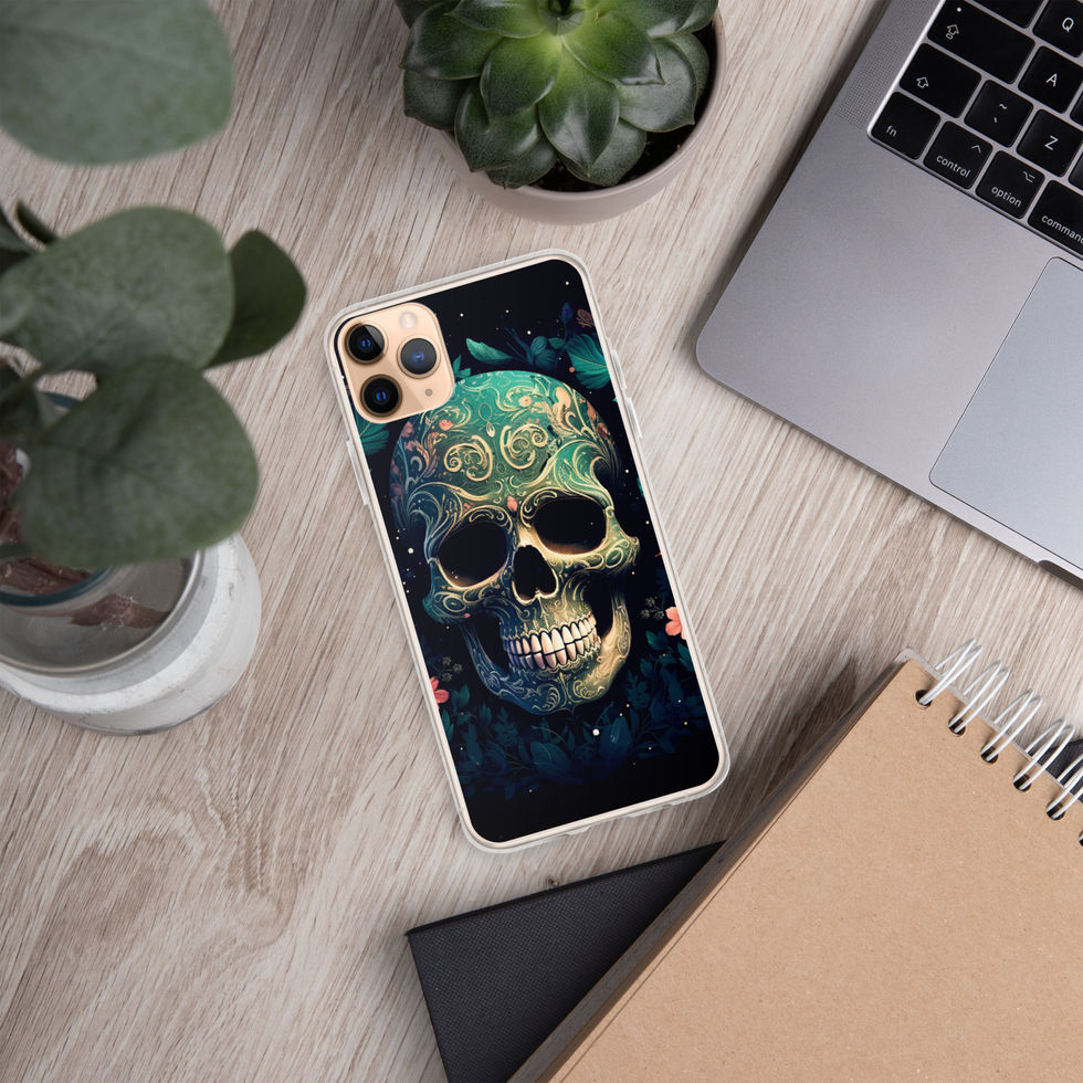 Emerald Requiem clear iPhone case showing green-blue filigree around a grinning skull